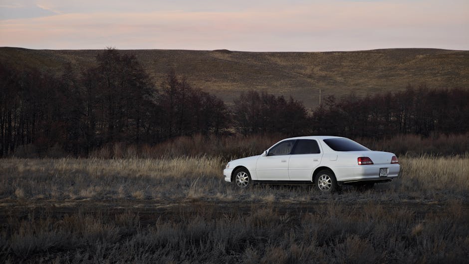 A white sedan parked in a tranquil rural setting during dusk, with hills and dry grass