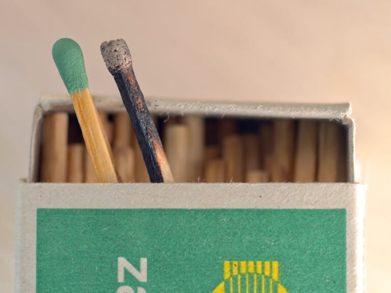 Close-up of a matchbox with new and burnt matches. Ideal for fire safety concepts.