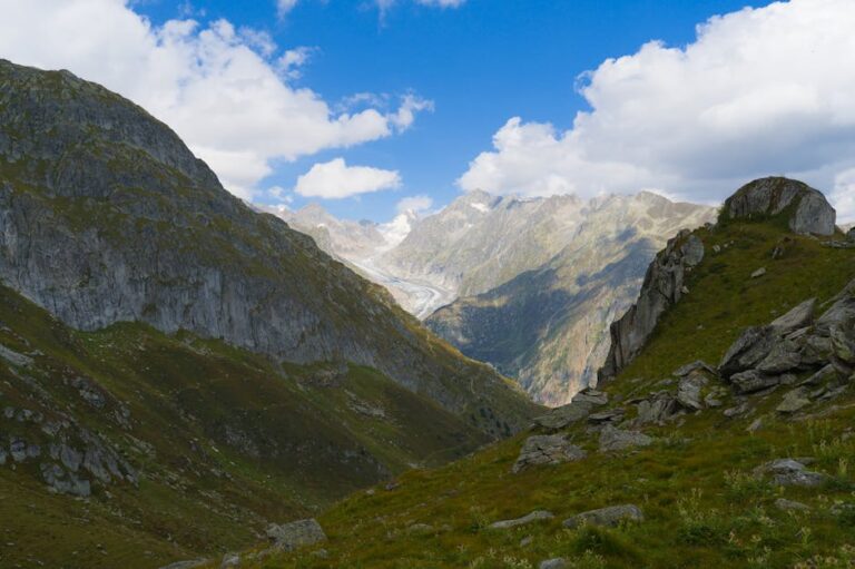 Breathtaking view of the Swiss Alps and glacier under a bright blue sky.