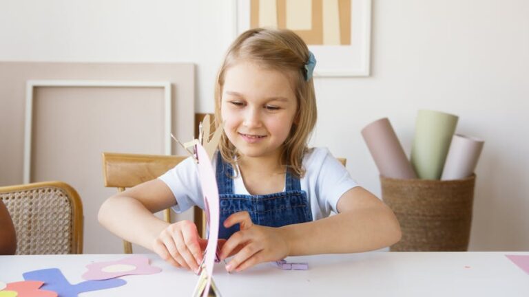 Young girl enjoying arts and crafts indoors, surrounded by colorful paper and art supplies, expressing creativity.