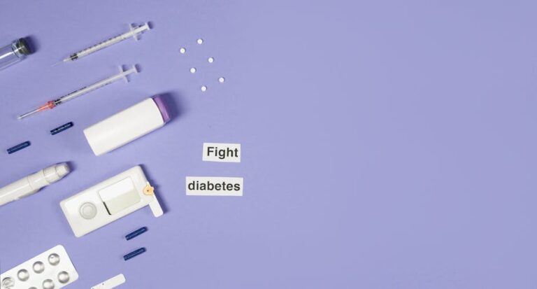 A flat lay of diabetes management tools, including syringes and pills, on a purple background.