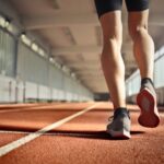 From below back view of crop strong runner walking along running track in athletics arena while doing warm up exercises during workout