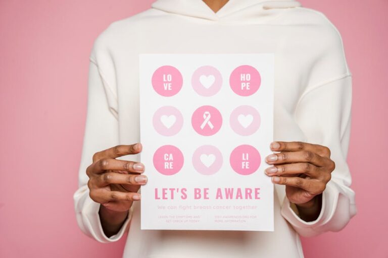 Poster advocating breast cancer awareness with positive messages and symbols.