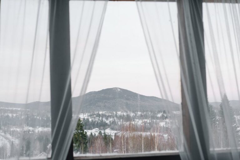 A serene winter landscape framed by sheer curtains, showcasing snow-covered mountains and forests.