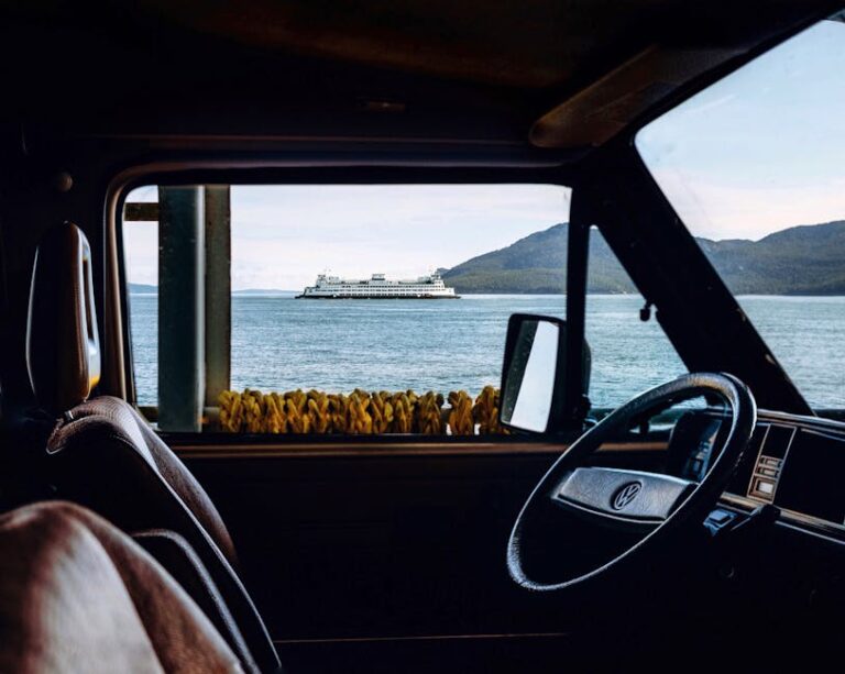 Enjoy a view of a ferry from inside a vehicle, blending travel and nature.