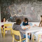 Children sitting in a school classroom having lunch with a chalkboard full of doodles behind them.